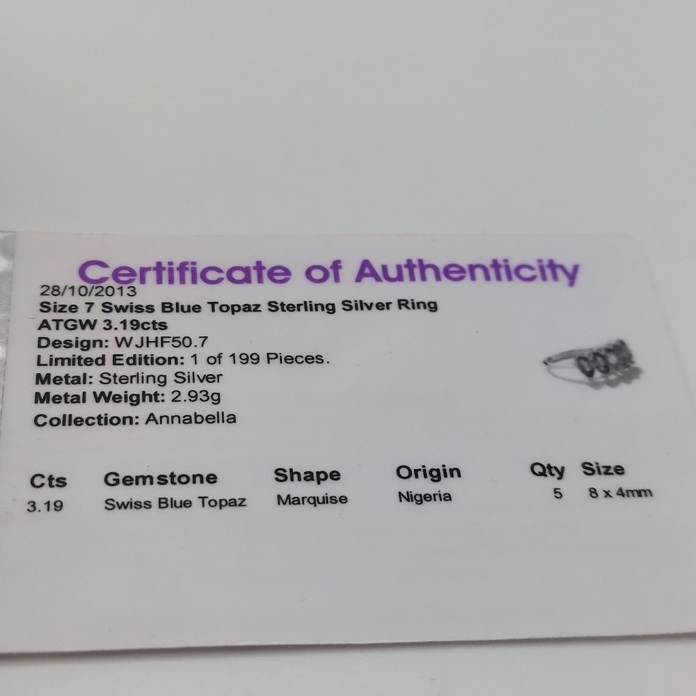 NWT 925 Swiss Blue Topaz sz7 Ring, Anabella Collection, has Cert Of Authenticity - Picture 12 of 16